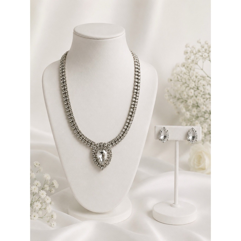 Silver Rhinestone Teardrop Pendant Necklace & Earring Set 8" Adjustable